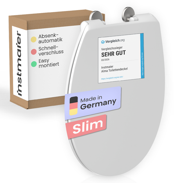 Instmaier Alma Toilettendeckel flach mit Absenkautomatik und Schnellverschluss, Hergestellt in Deutschland, inklusive Verpackung.
