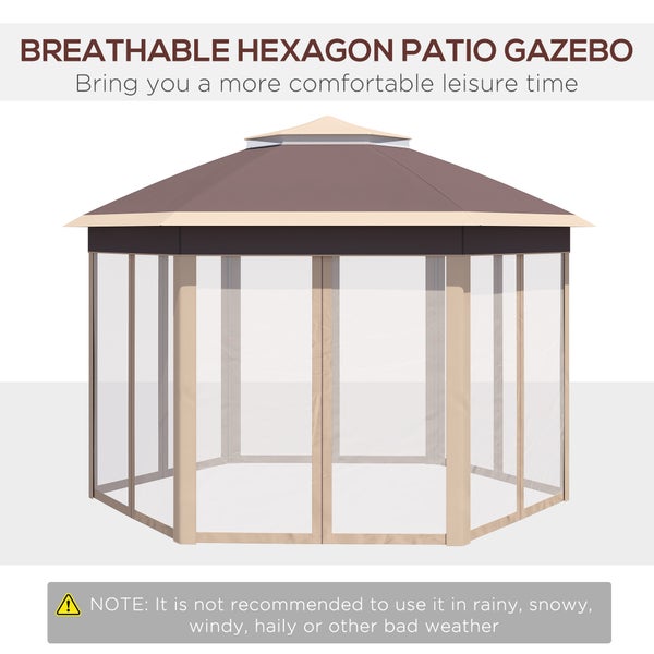 Outsunny Gartenpavillon, 6 Seitenteile, Doppeldach, sechseckig, 4 x 4 m, Metall, Polyesterstoff, Mesh, Beige+Khaki