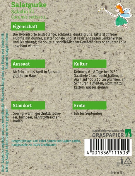 Rückseite der Samentüte für Salatgurke Saladin F1 mit Anbauhinweisen zu Aussaat, Standort und Ernte auf nachhaltigem Graspapier.