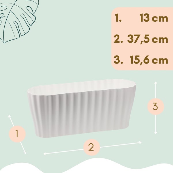 Abbildung eines weißen Pflanzgefäßes mit den Maßen 13 cm, 37,5 cm und 15,6 cm.