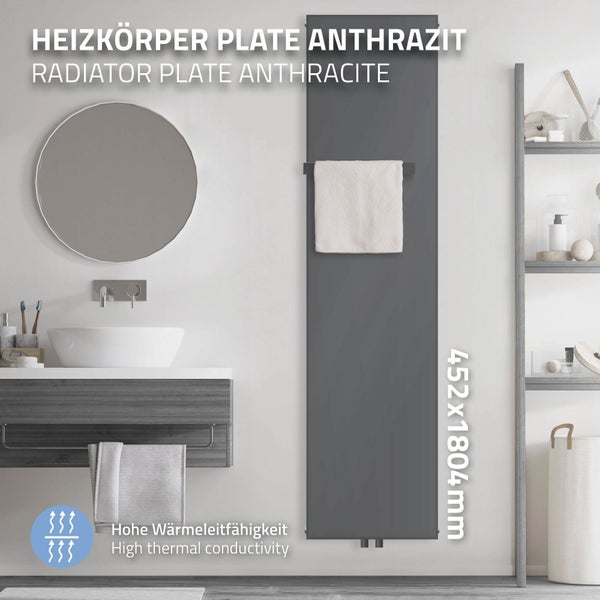 ML-Design Badheizkörper 1800x452 mm Anthrazit + 1x Handtuchhalter, Flach Einlagig Design Heizkörper Mittelanschluss Vertikal Planheizkörper Vertikalheizkörper Paneelheizkörper Flachheizkörper Heizwand