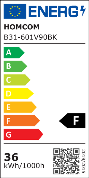 EU Energieeffizienzlabel fuer Homcom Modell B31-601V90BK mit Energieeffizienzklasse F und einem Verbrauch von 36 Kilowattstunden pro 1000 Stunden