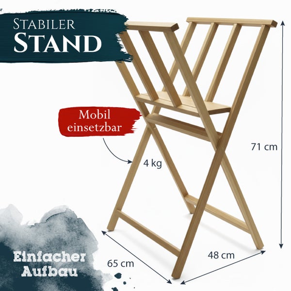 Holzklappbock für den Innenbereich, 71 cm hoch, 65 cm lang und 48 cm breit, mit einem Gewicht von 4 Kilogramm.