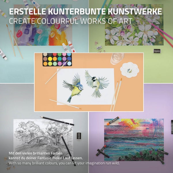ECD Germany 140tlg XXL Malset mit Staffelei, Künstler Set Acryl & Zeichenset - Buntstifte, Leinwand, Pinselset, Wasserfarben, Pastellkreide, Aluminium Standstaffelei, Malerei Set mit Atelierstaffelei