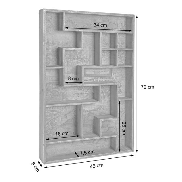 Dekoratives Wandregal mit verschiedenen Fächern und Abmessungen