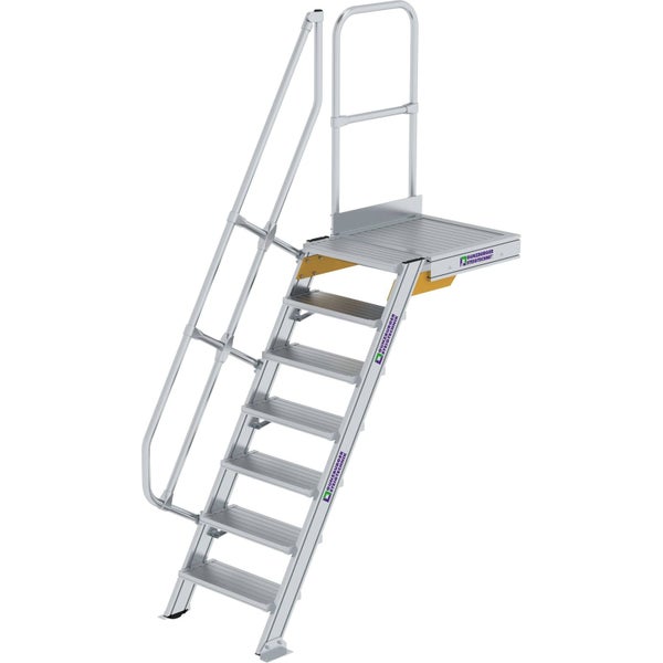 Industrietreppe aus Aluminium mit Plattform, einseitigem Handlauf und Sicherheitsgeländer.