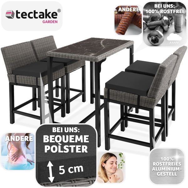 Rattan Tisch Kutina mit 4 Stühlen Latina tectake  Beine aus Holz mit Aluminiumgestellen grau