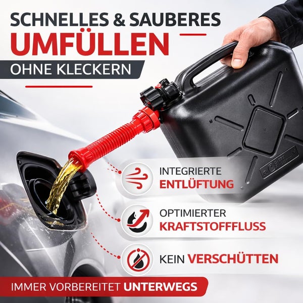 Schwarzer Kraftstoffkanister mit rotem Ausgießer beim Betanken eines Autos