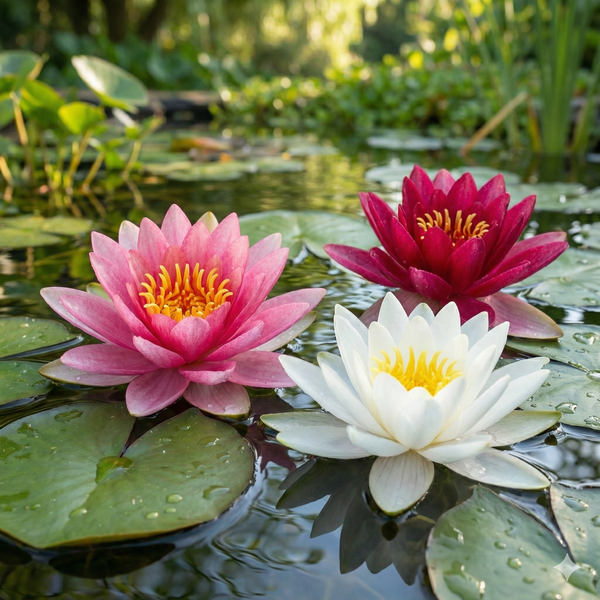 Drei blühende Seerosen in Rosa, Rot und Weiß auf einem Gartenteich mit grünen Blättern.