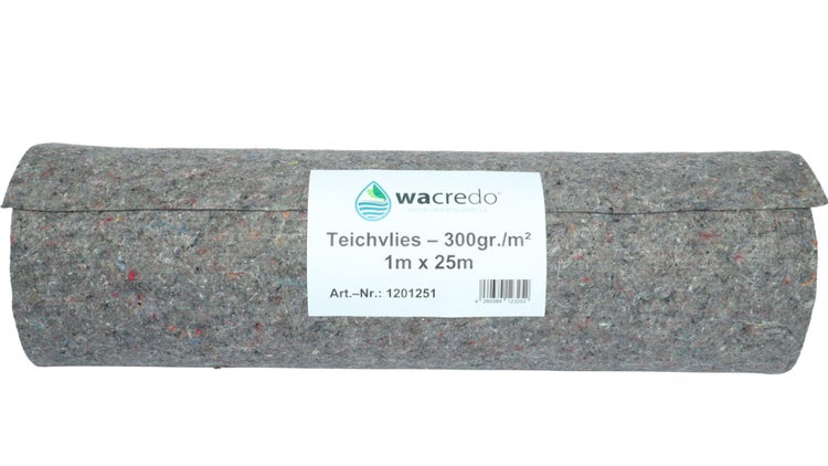 Rolle wacredo Teichvlies, 300 Gramm pro Quadratmeter, 1 Meter mal 25 Meter, graues Schutzvlies für den Teichbau.