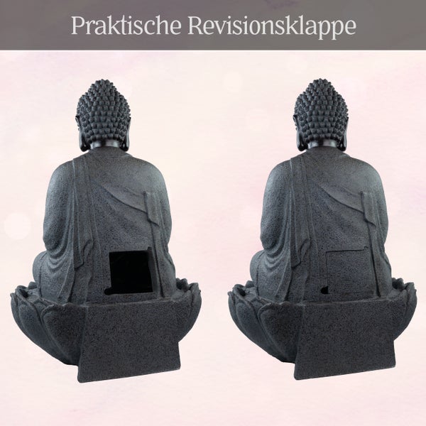 Buddha-Statue Rückansicht mit praktischer Revisionsklappe in geöffnetem und geschlossenem Zustand.