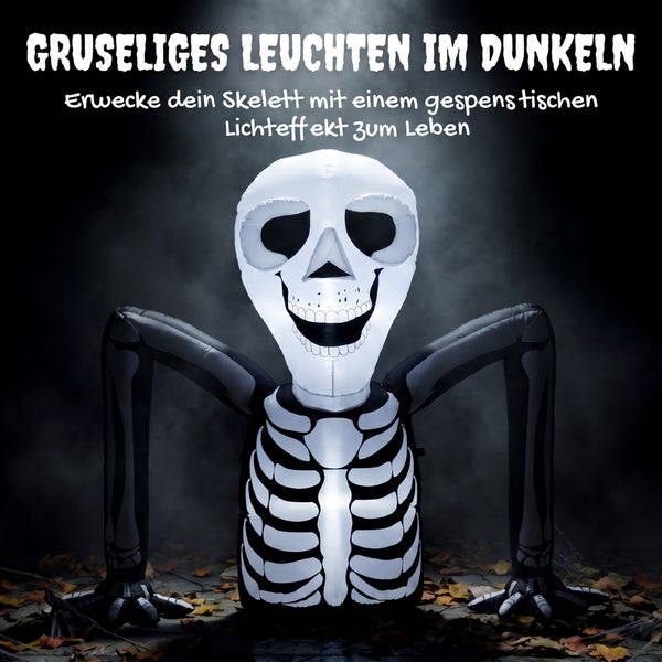 Aufblasbare Skelett Dekoration für Halloween mit integrierter Beleuchtung.