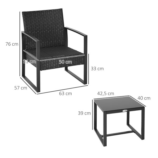 Outsunny 3-tlg. Gartenmöbel-Set, 63L x 57B x 76H cm, PE Polyrattan, Metall, Polyester, schwarz