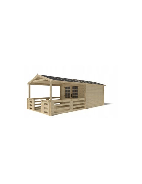 Gartenhaus aus Holz mit überdachter Terrasse und Doppeltür mit Glaseinsätzen.