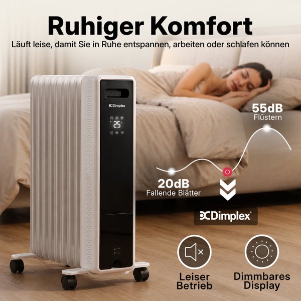 Dimplex Oelradiator mit leisem Betrieb und dimmbarem Display in einem Schlafzimmer.