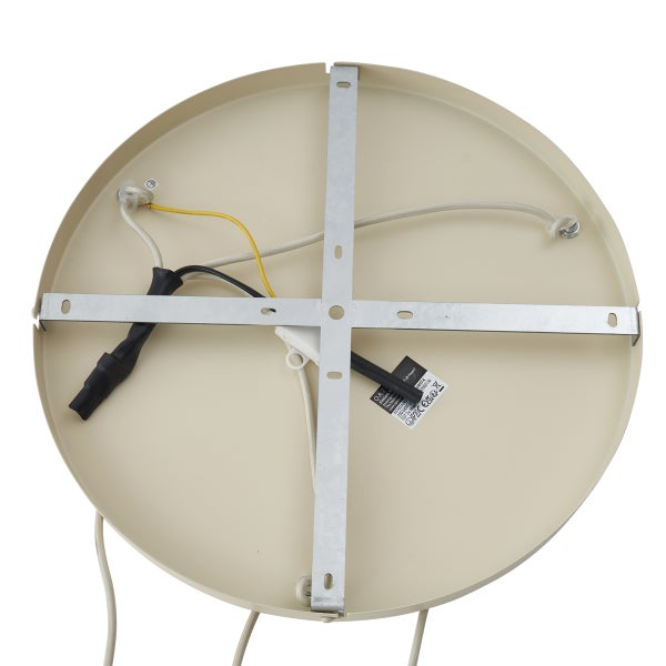 Rückansicht eines runden beigen Lampenbaldachins aus Metall mit Montagehalterung und Verkabelung.