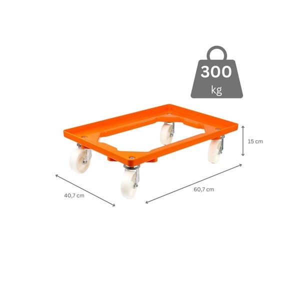 PROREGAL SparSet 10x Transportroller für Euroboxen 60 x 40 cm mit Kunststoffräder Orange Offenes Deck 4 Lenkrollen Traglast 300 kg