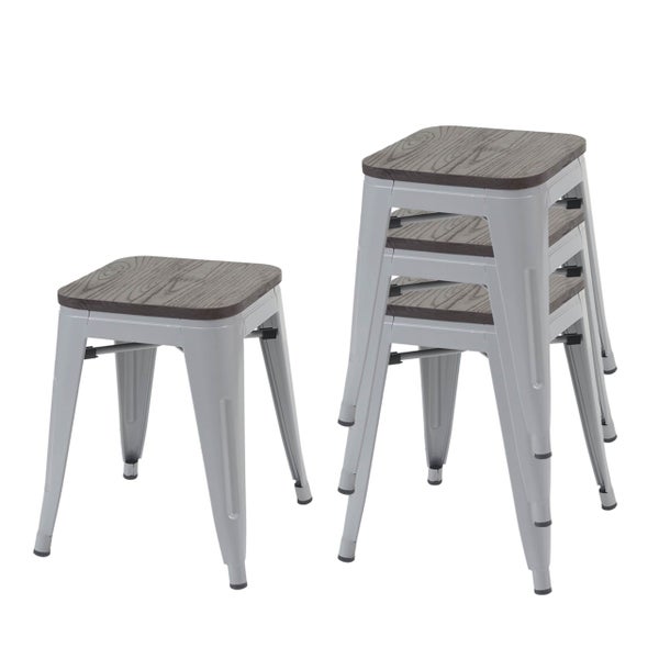 Stapelhocker mit Holzplatte und Metallgestell