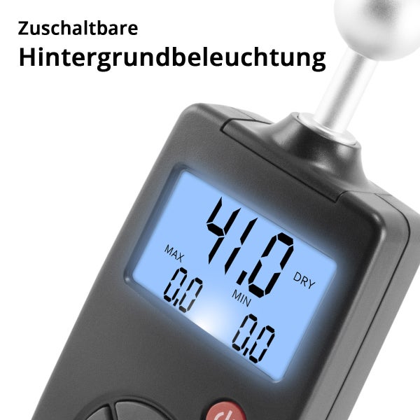 Digitales Feuchtigkeitsmessgerät mit zuschaltbarer Hintergrundbeleuchtung auf der Anzeige.