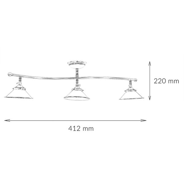 Technische Zeichnung einer Deckenleuchte mit drei Lampen und Maßangaben