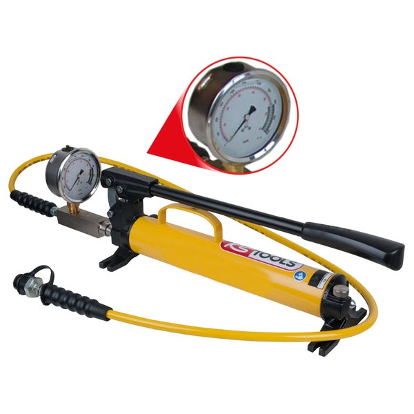 Gelbe Hydraulikpumpe mit Manometer der Marke KS Tools