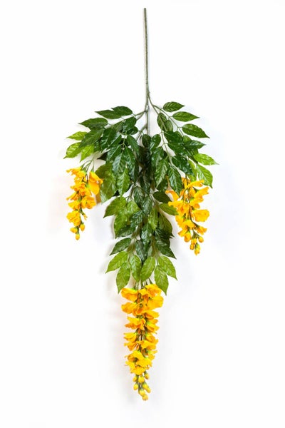 Künstlicher Hängezweig mit gelben Blüten und grünen Blättern.
