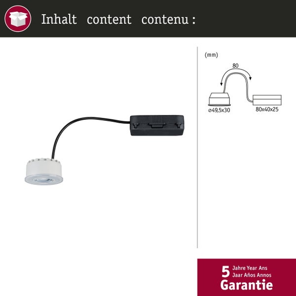 LED-Einbaustrahler mit Treiber, Maßangaben in Millimeter und Hinweis auf fünf Jahre Garantie.
