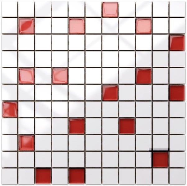 Keramikmosaik auf Netz für Bad oder Küche 30cm x 30cm - White-red