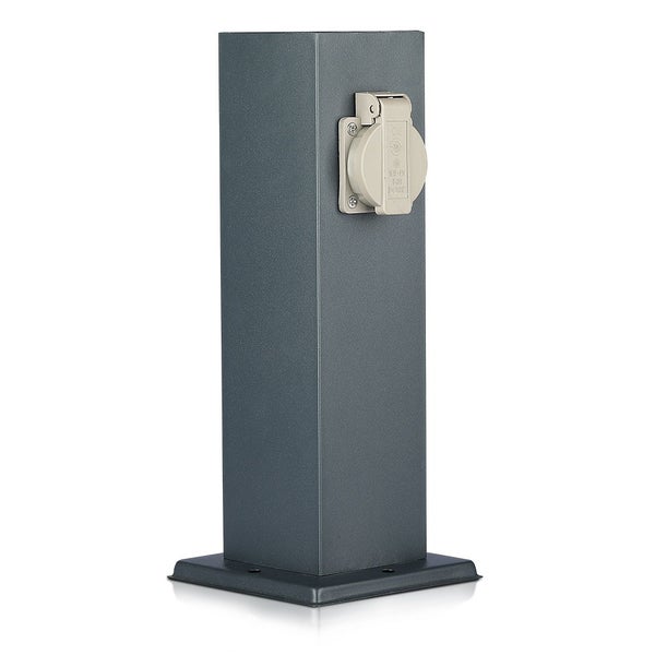 Außensteckdose als Energiesäule mit einer Steckdose und Klappdeckel auf Standfuß.