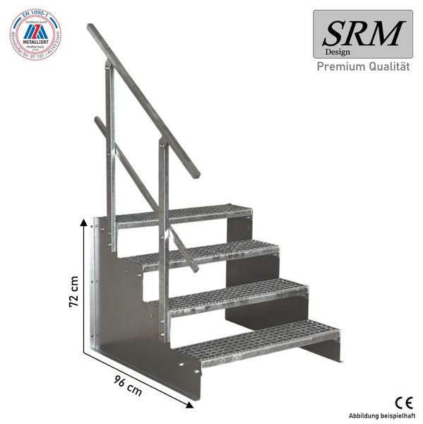SRM Design Logo. Außentreppe aus verzinktem Stahl mit 4 Gitterroststufen, Geländer, Höhe 72 Zentimeter, Tiefe 96 Zentimeter. EN 1090-1 zertifiziert.