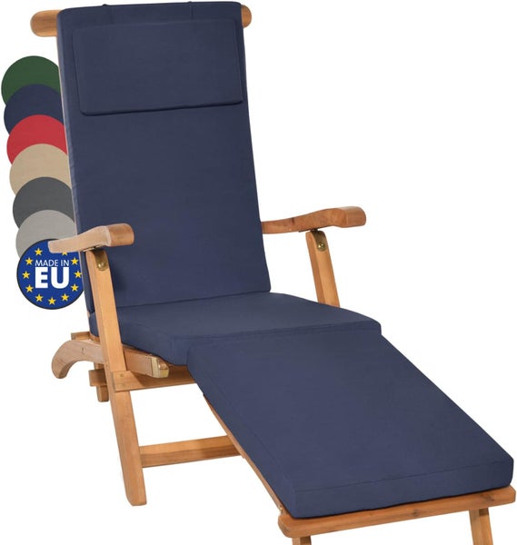 Gartenliege aus Holz mit blauer Polsterauflage, Kopfkissen und verschiedenen Farbvarianten, hergestellt in der Europäischen Union.