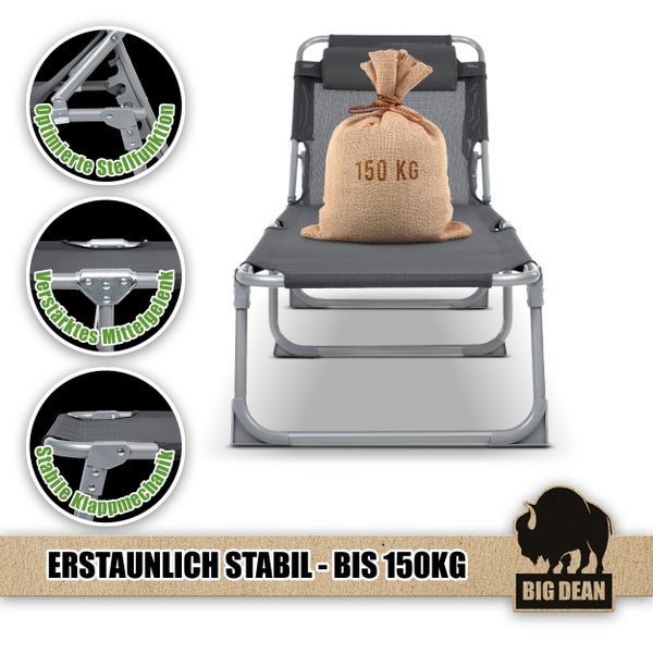 Liegestuhl mit stabiler Klappmechanik und Traglast bis 150 Kilogramm