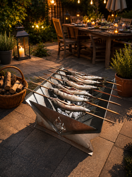 Moderner Metall-Feuerkorb als Grill für Steckerlfisch auf einer Terrasse, im Hintergrund ein gedeckter Tisch mit stimmungsvoller Beleuchtung.
