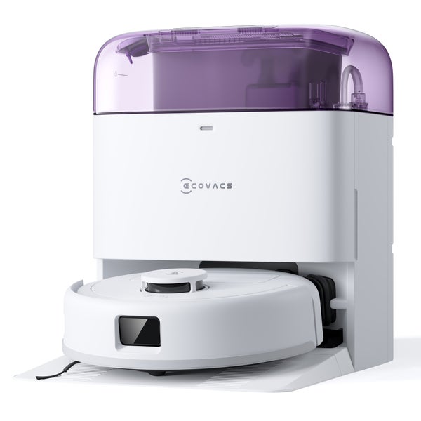 Ecovacs Logo auf einem Saugroboter mit Absaugstation