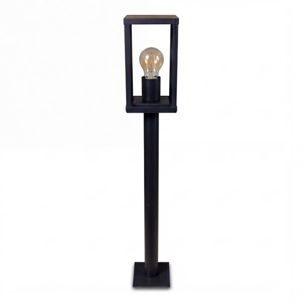 Schwarze Wegeleuchte aus Metall mit Holzplatte und sichtbarem Leuchtmittel im modernen rechteckigen Rahmen.