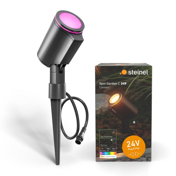 Steinel Spot Garden C 24V Gartenspot mit Erdspieß und Anschlusskabel sowie Verpackung mit Produktinformationen zur Beleuchtung