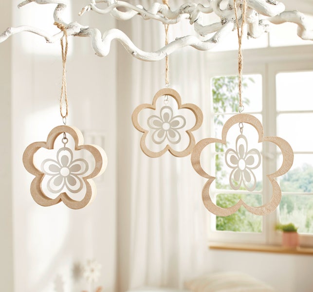 FRANK FLECHTWAREN | Hänger Blume, 3er Set, MDF, METALL, SISAL, 8,5 x 1,5 x 8,5 cm, 10,5 x 1,5 x 10,5 cm