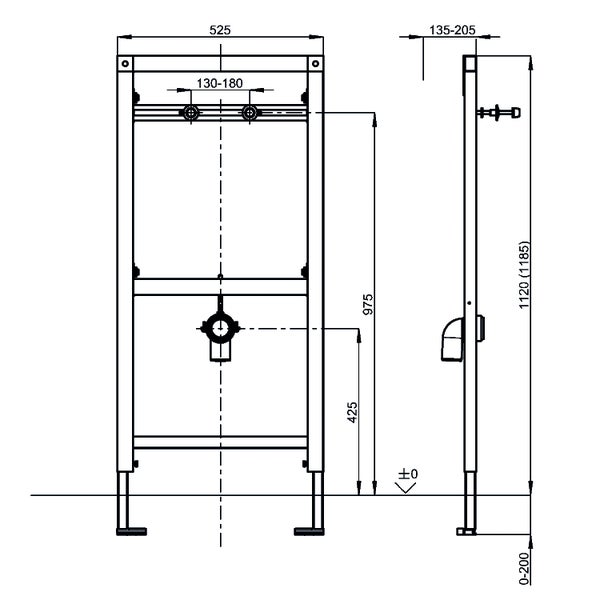 Technische Zeichnung eines Vorwandelements mit Front- und Seitenansicht inklusive Maßangaben in Millimetern.