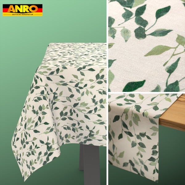 ANRO Logo. Tischdecke mit grünem Blättermuster, abwaschbare Oberfläche in Stoffoptik, Detailansichten der Textur und des Falls an der Tischkante.