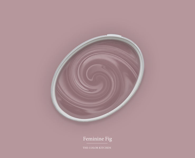 Wandfarbe Feminine Fig von The Color Kitchen, flüssige Farbe mit Wirbeleffekt in ovaler Form, The Color Kitchen Logo.