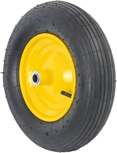 Schubkarre mit Metallmulde und gelbem Fahrgestell