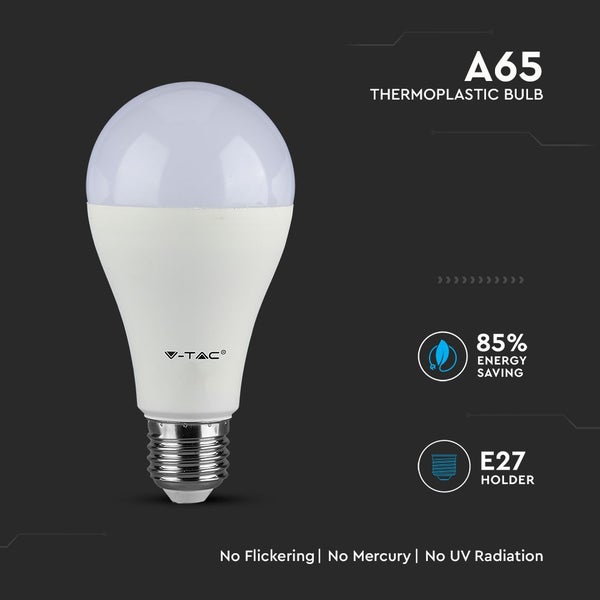 V-TAC A65 LED-Leuchtmittel aus Thermoplast mit E27-Fassung, 85 Prozent Energieersparnis, flimmerfrei, quecksilberfrei und ohne UV-Strahlung.