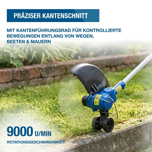 Rasentrimmer mit Kantenführungsrad beim Schneiden einer Rasenkante an einer Mauer mit 9000 Umdrehungen pro Minute.