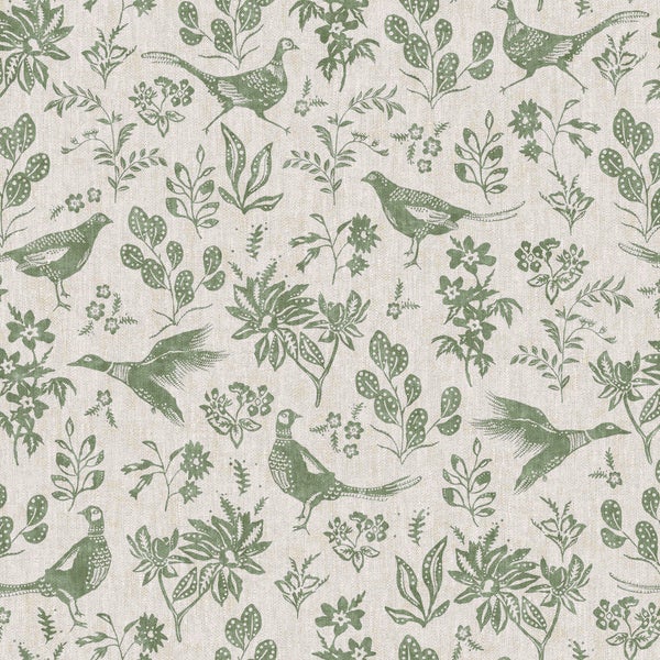 Tapete mit ländlichem Muster aus Fasanen, fliegenden Enten, Blättern und Blüten im Vintage-Stil.