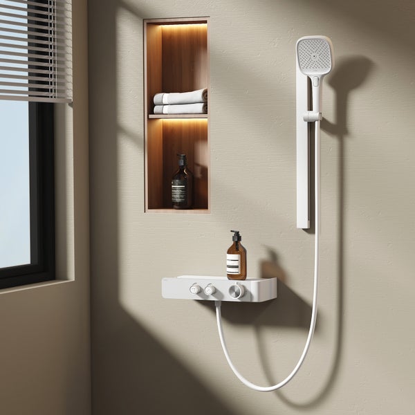 EMKE Duschsystem mit Thermostat, Duschsystem Weiß, mit 3 Strahlarten Handbrause, höhenverstellbarer Aluminium-Schiene, Duscharmatur Komplettset