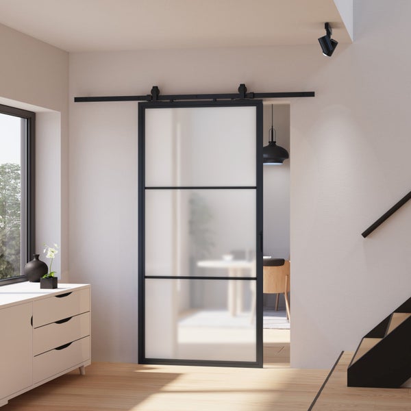 Loft Glasschiebetür 880x2035mm satiniert Komplettset aus Stahl in schwarz inkl. 2Seitiger Softclose