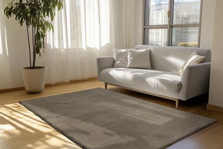 Helles Wohnzimmer mit modernem Sofa, einem flauschigen Teppich auf Holzparkett und einer großen Zimmerpflanze vor einem hellen Fenster.