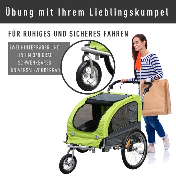 PawHut Fahrradanhänger, 155L x 83B x 108H cm, 600D Oxford, Stahlrohr, Grün+Grau