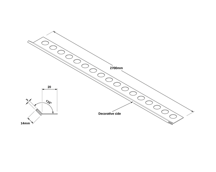Schema einer 2700 mm langen Metallschiene mit Löchern auf der Zierseite