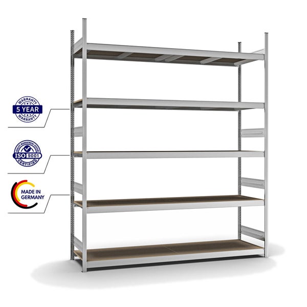 PROREGAL Weitspannregal Stecksystem T-Profil Grundregal HxBxT 300x250x60 cm 5 Ebenen Spanplatten Fachboden Fachlast 350 kg Verzinkt